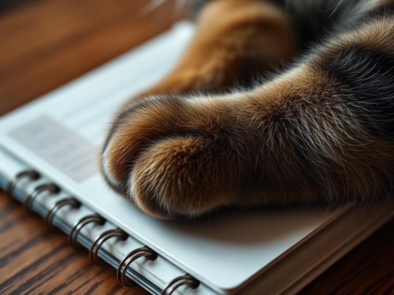 Close-up of a tabby cat paw on a notebook