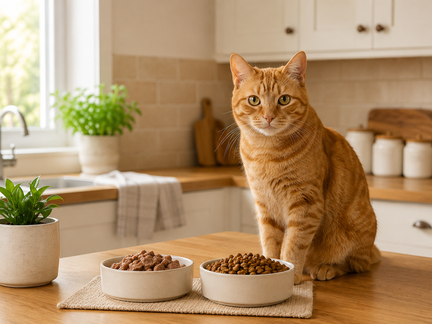 Cat sitting by healthy food