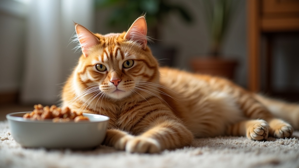 A relaxed, well-fed orange tabby cat lounging next to a bowl of food.