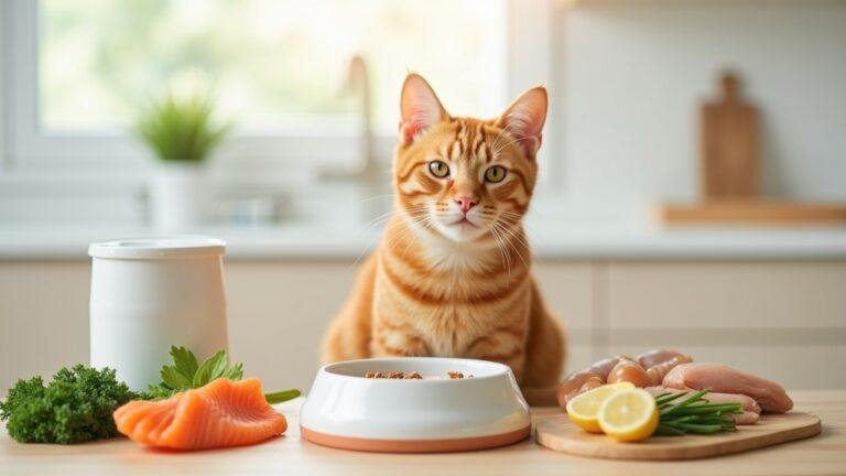 Cat sitting behind food