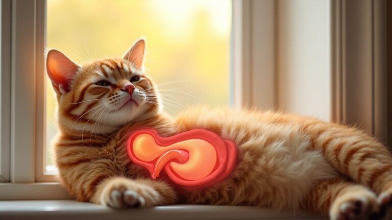 Cat laying down with a visual of his digestive tract