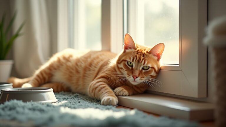 An orange cat laying in the sunlight against a window.