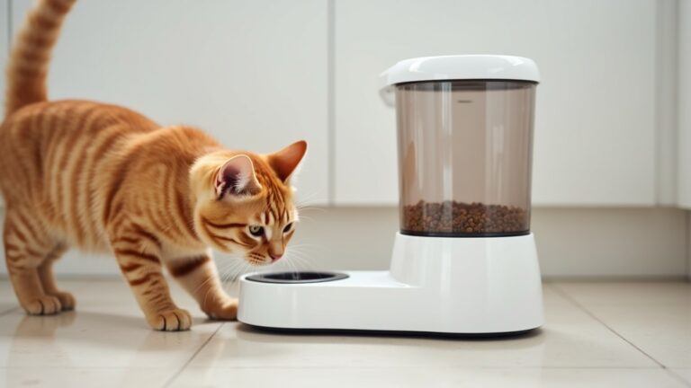 Orange cat at a cat feeder