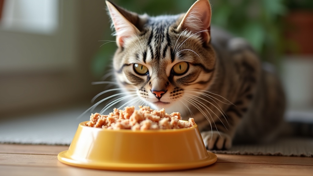 Cat eating fresh shredded cat food