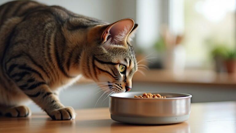 Cat sniffing a bowl of new food