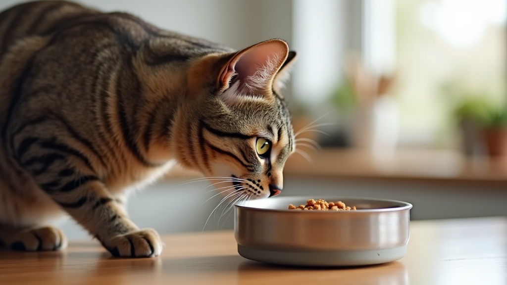 A happy tabby cat sniffing a bowl of new cat food on a kitchen countertop