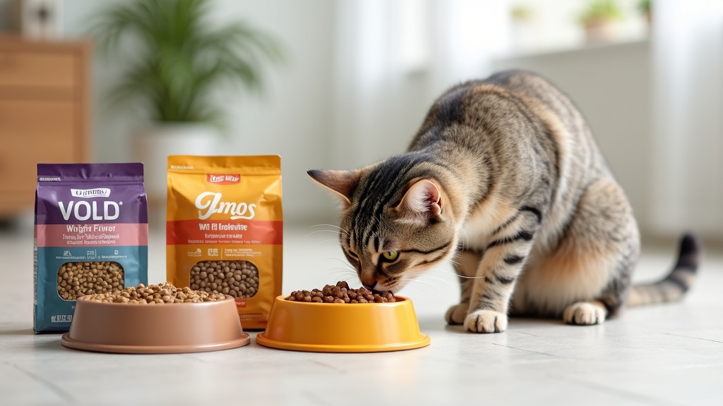 A selection of high-quality dry and wet cat food with a curious adult cat sniffing a bowl