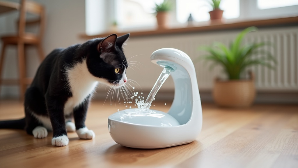 A stylish smart cat water fountain bubbling on a kitchen floor, with a curious tuxedo cat sipping from it.