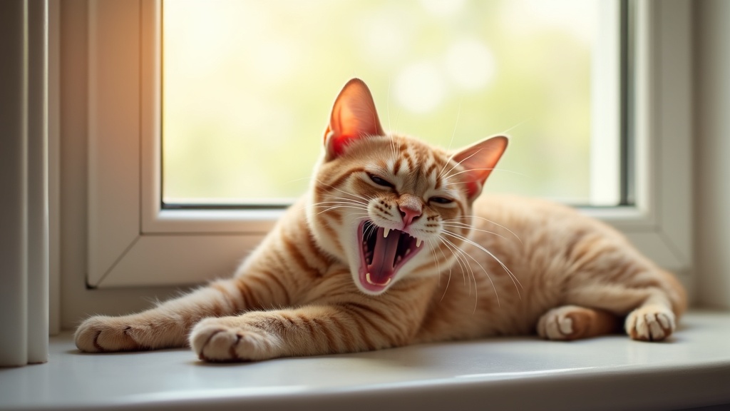 Cat stretching and yawning on a sunny windowsill