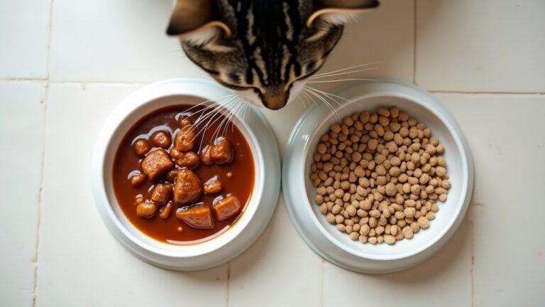 Cat looking at wet and dry food