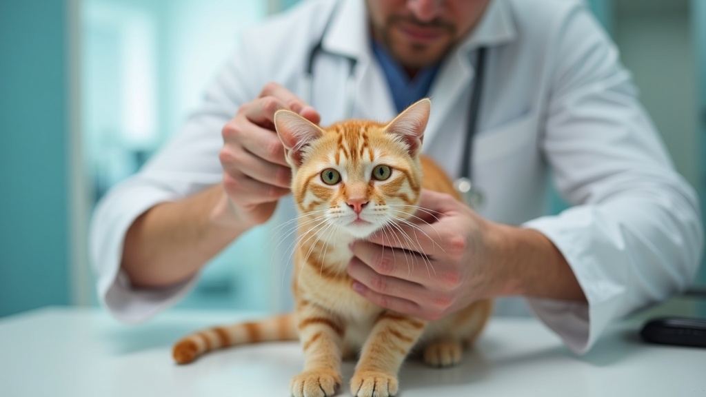 Orange tabby cat being checked by a vet