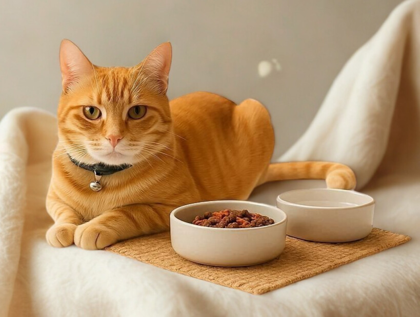 Thompson the cat laying next to food and water bowls