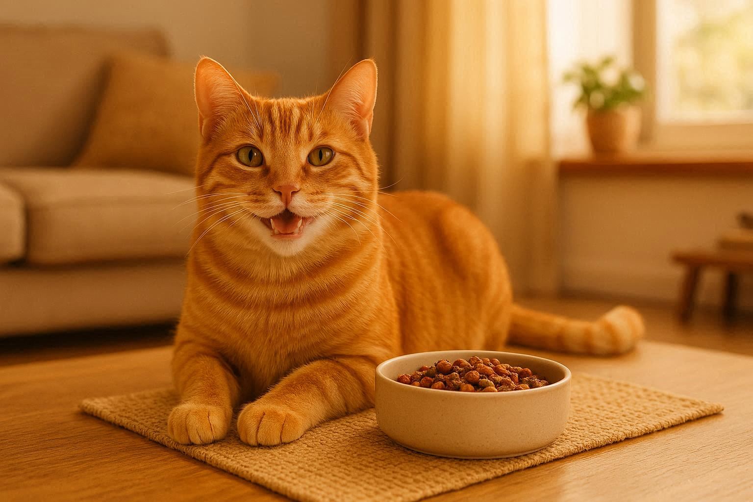 Orange tabby cat lying on a mat beside a bowl of dry cat food in a cozy living room.