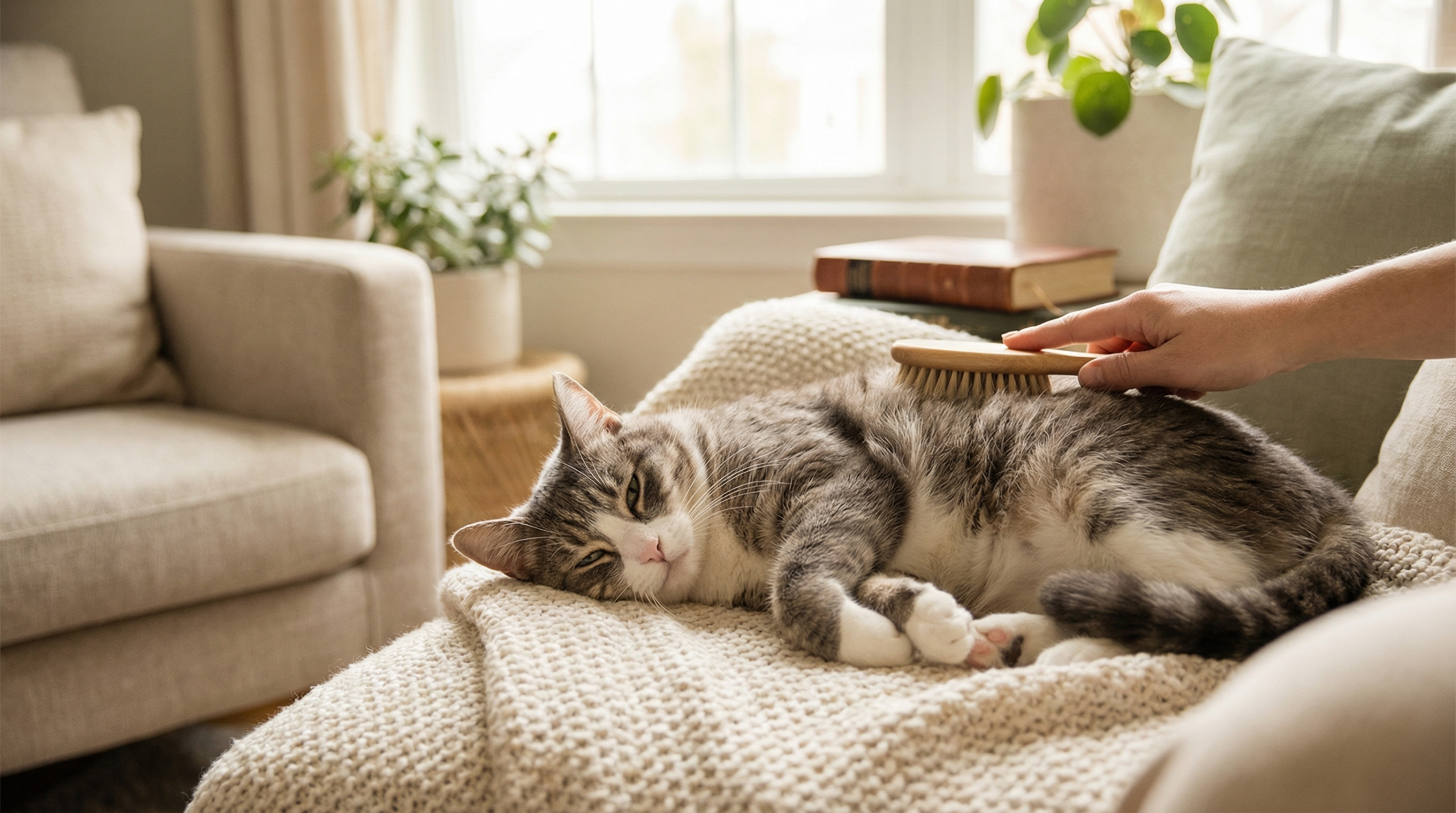 Calm cat lying on a soft blanket while being gently brushed in a quiet, cozy home environment before grooming.
