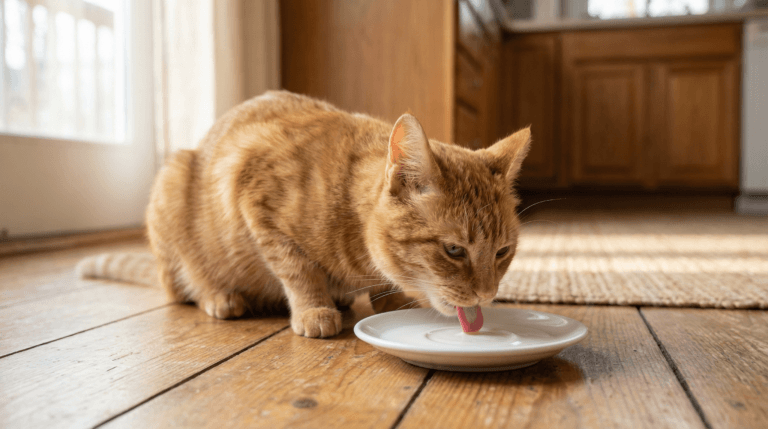 Orange tabby cat lapping milk from a small white saucer on a wooden floor in a softly lit kitchen setting.