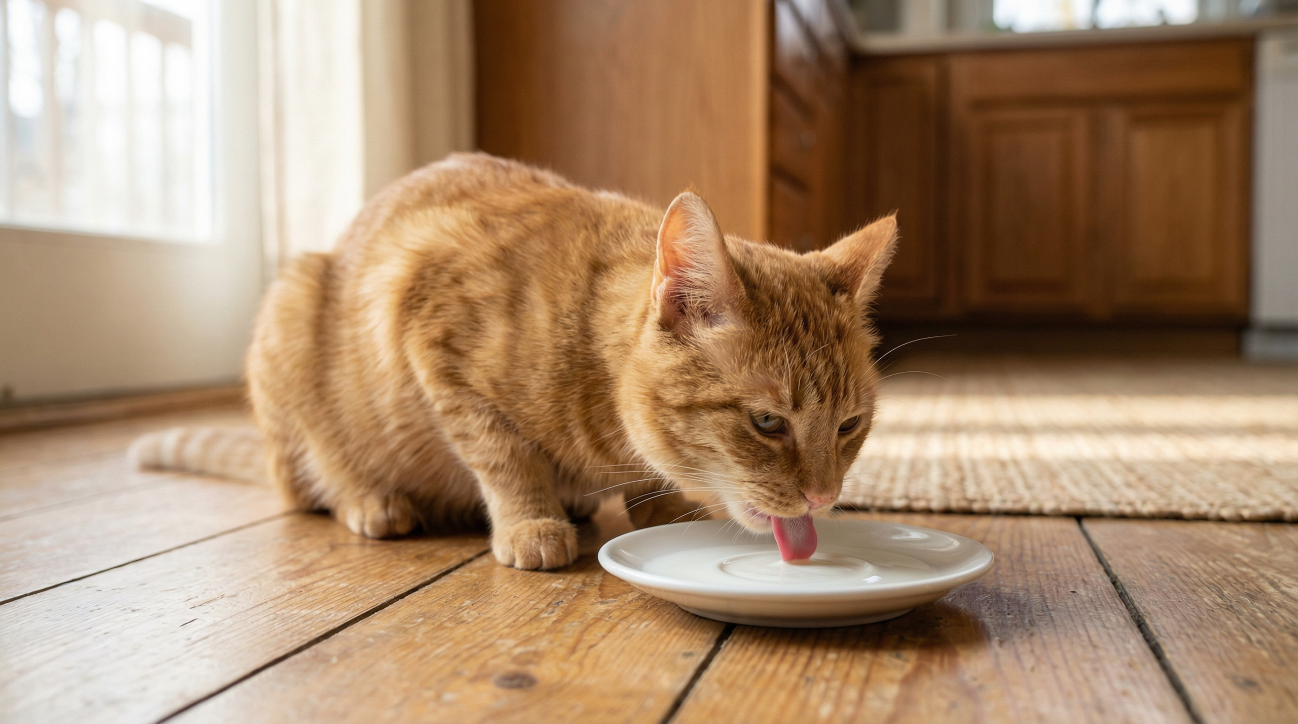 Orange tabby cat lapping milk from a small white saucer on a wooden floor in a softly lit kitchen setting.